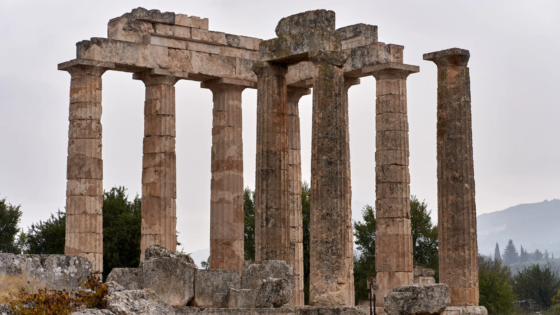 Doric columns of the Temple of Zeus at ancient Nemea, Greece